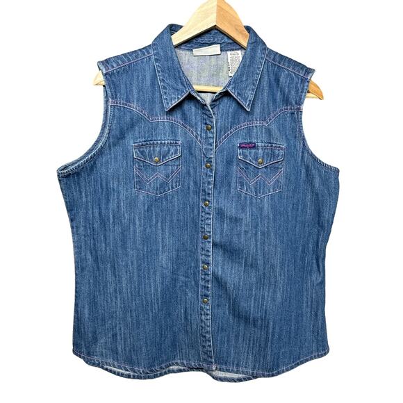 Wrangler Denim Sleeveless Shirt Vest Snap Button Pink Thread Women XL - Picture 1 of 7